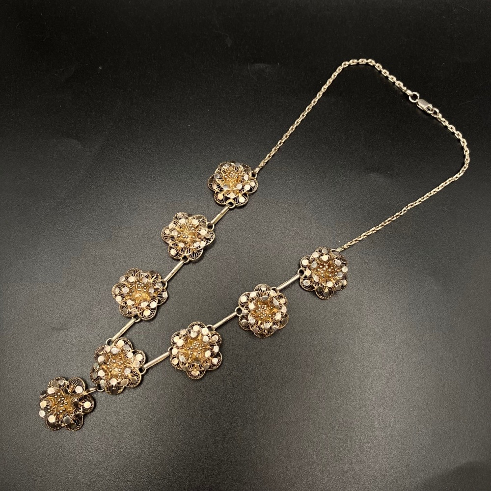 Vintage Flower Filigree Necklace Sterling Silver Floral Drop Antique 16 Inch - Picture 8 of 16